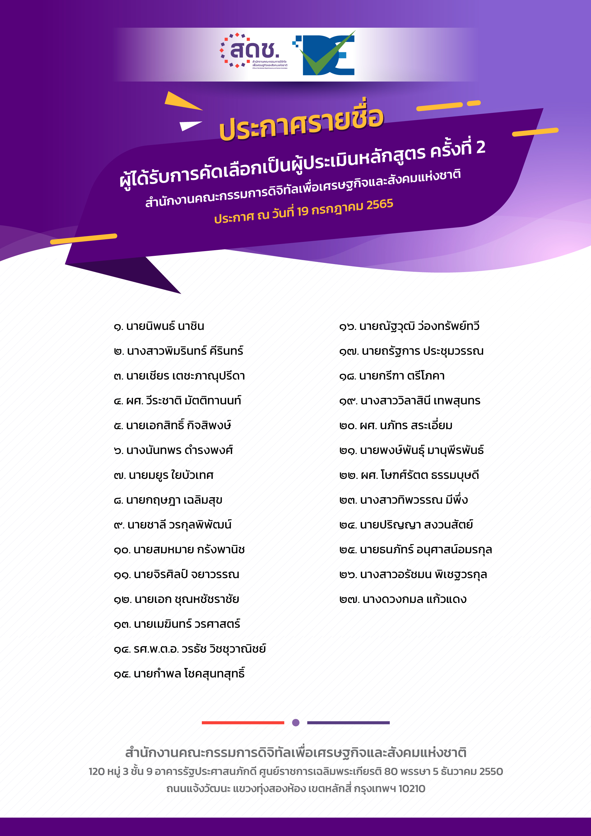 ประกาศรายชื่อผู้ที่ได้รับการคัดเลือกเป็นผู้ประเมินหลักสูตรครั้งที่ 2